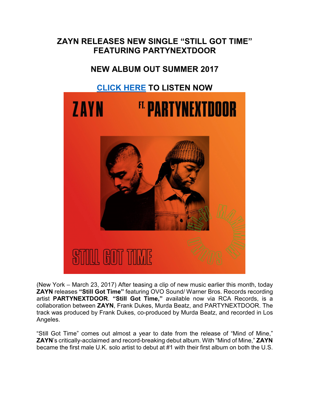 Zayn Releases New Single “Still Got Time” Featuring Partynextdoor