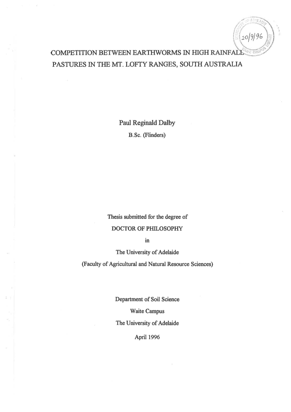 Competition Between Earthworms in High Rainfall Pastures in the Mt. Lofty