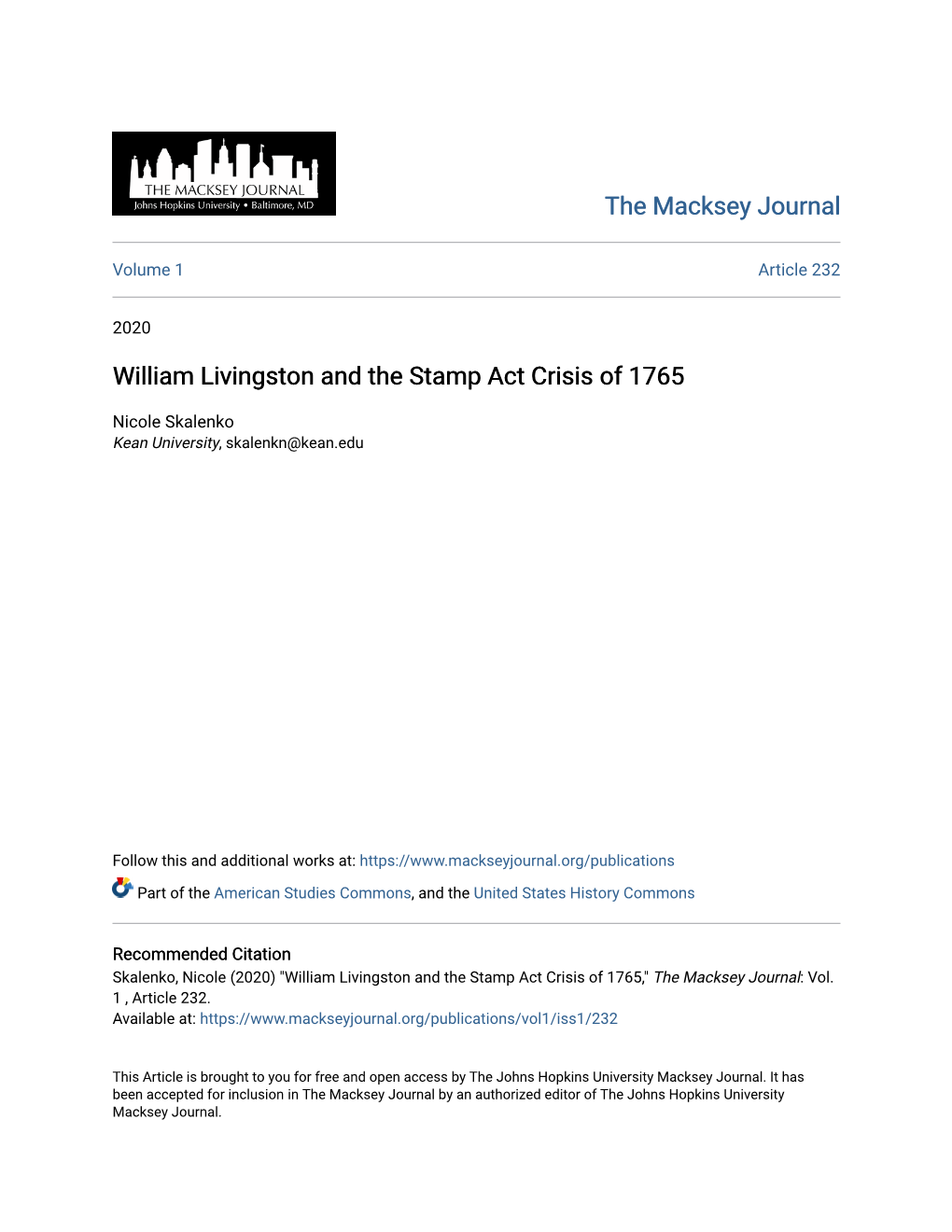 William Livingston and the Stamp Act Crisis of 1765