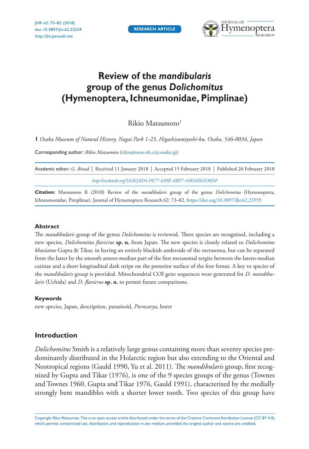 Review of the Mandibularis Group of the Genus Dolichomitus (Hymenoptera, Ichneumonidae, Pimplinae)