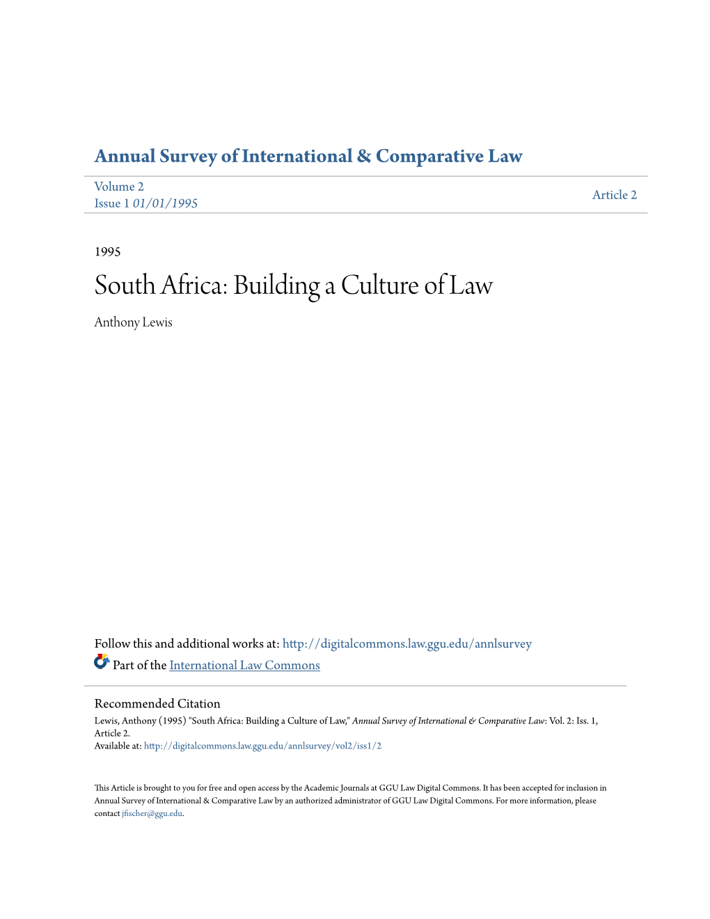 South Africa: Building a Culture of Law Anthony Lewis
