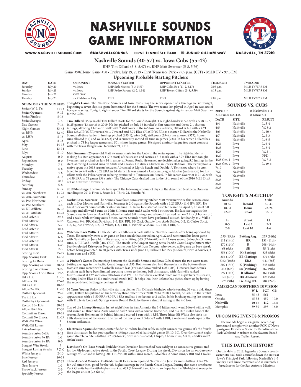 Nashville Sounds Game Information @Nashvillesounds First Tennessee Park 19 Junior Gilliam Way Nashville, TN 37219 Nashville Sounds (40-57) Vs