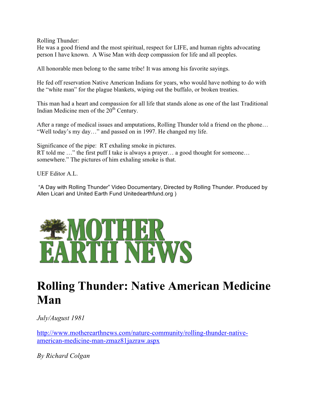 Rolling Thunder: Native American Medicine Man