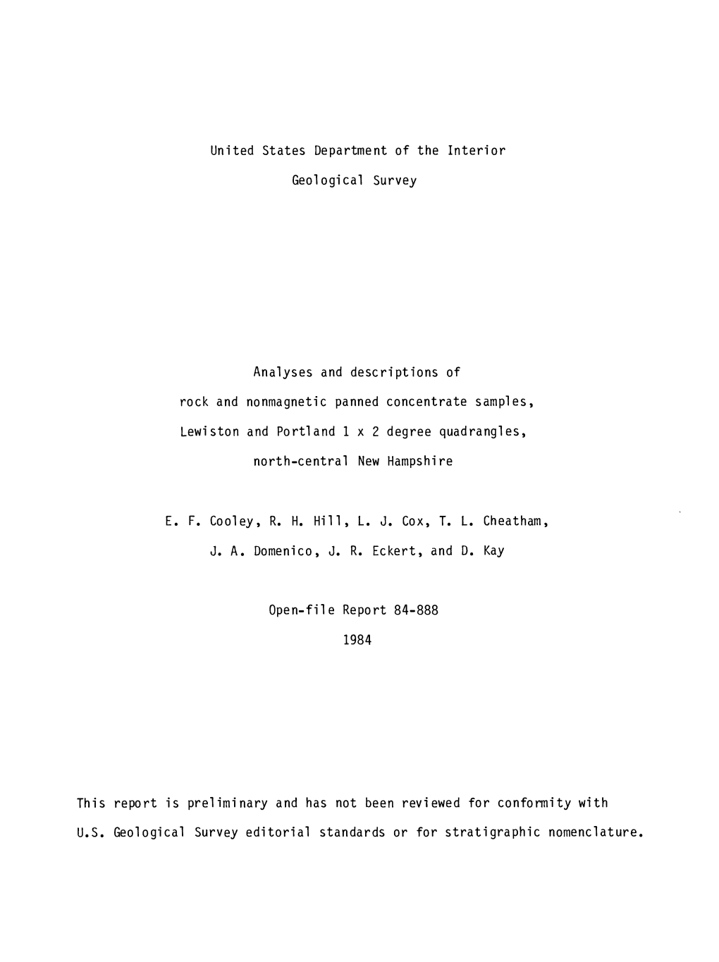 United States Department of the Interior Geological Survey Analyses and Descriptions of Rock and Nonmagnetic Panned Concentrate