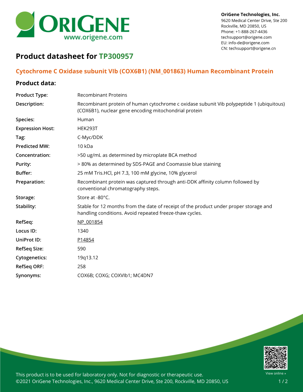 (COX6B1) (NM 001863) Human Recombinant Protein Product Data