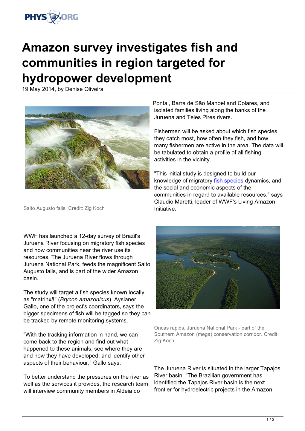 Amazon Survey Investigates Fish and Communities in Region Targeted for Hydropower Development 19 May 2014, by Denise Oliveira