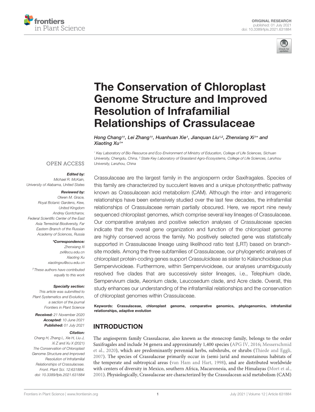 The Conservation of Chloroplast Genome Structure and Improved Resolution of Infrafamilial Relationships of Crassulaceae