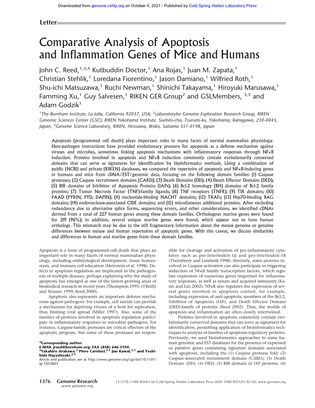 Comparative Analysis of Apoptosis and Inflammation Genes of Mice and Humans John C