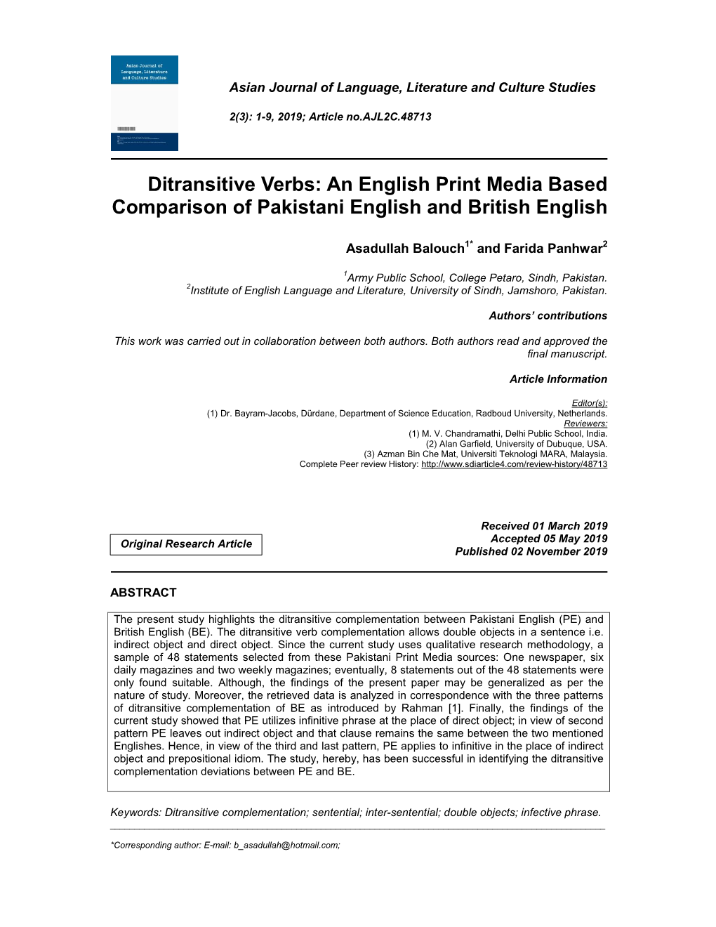 Ditransitive Verbs: an English Print Media Based Comparison of Pakistani English and British English