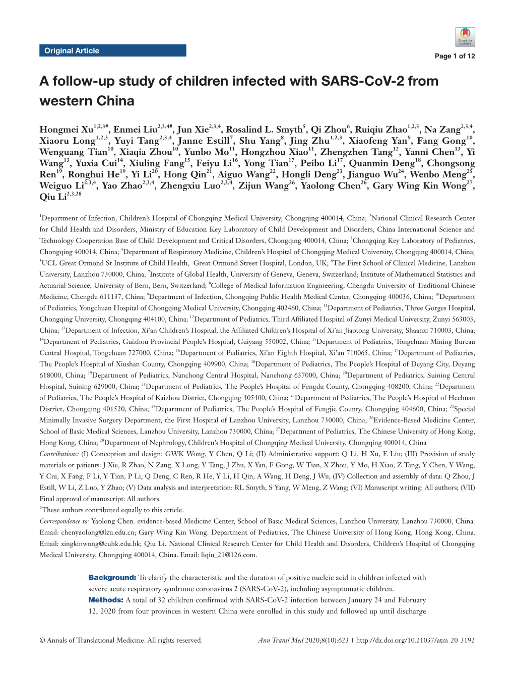 A Follow-Up Study of Children Infected with SARS-Cov-2 from Western China