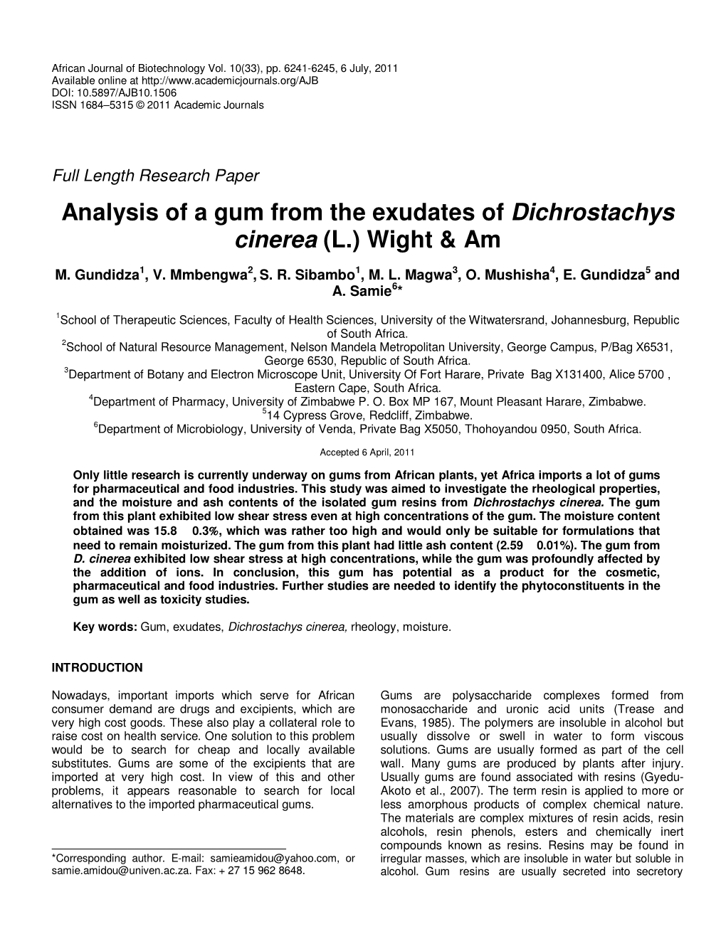 Analysis of a Gum from the Exudates of Dichrostachys Cinerea (L.) Wight & Am