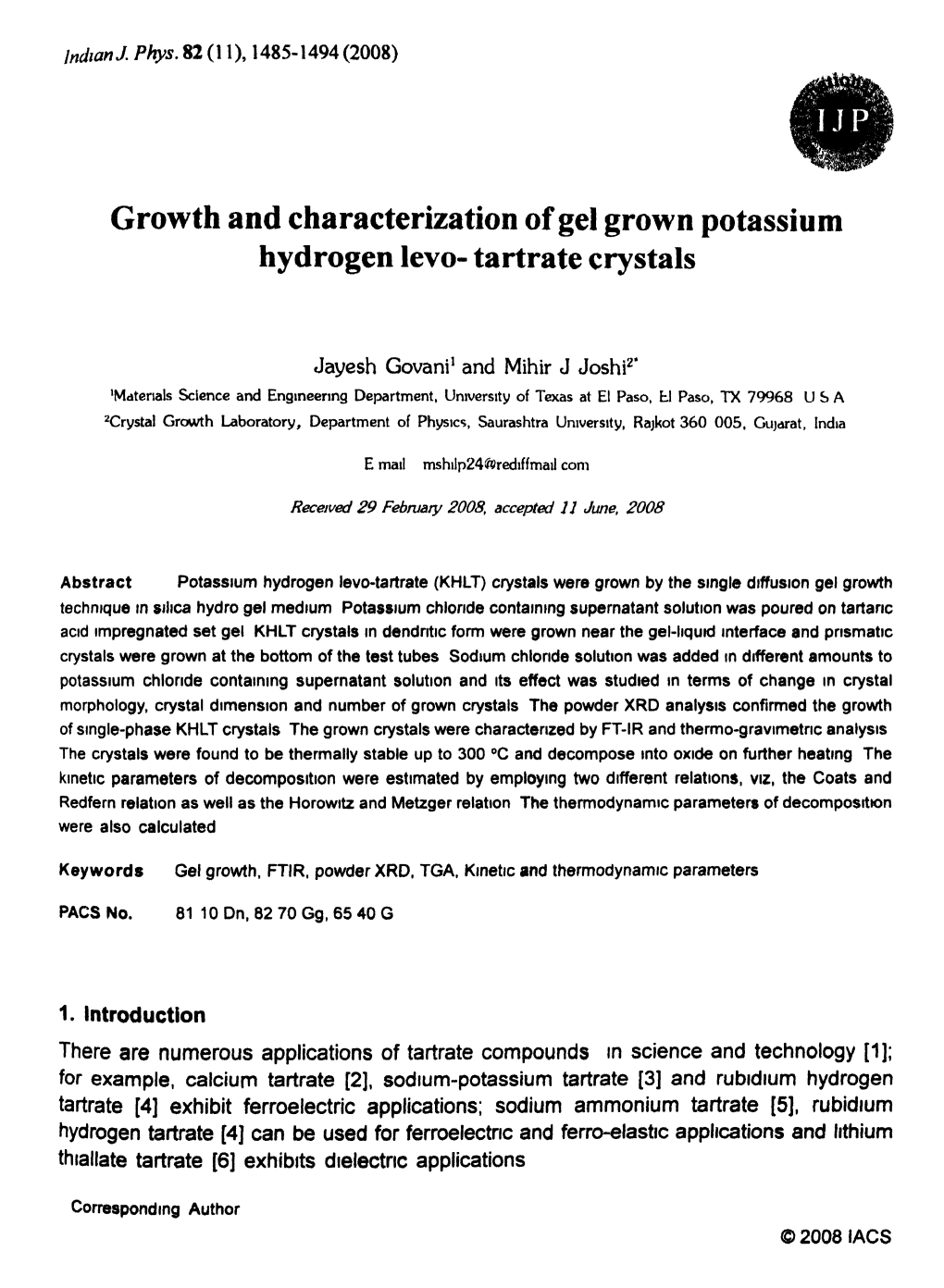 Growth and Characterization of Gel Grown Potassium Hydrogen Levo- Tartrate Crystals