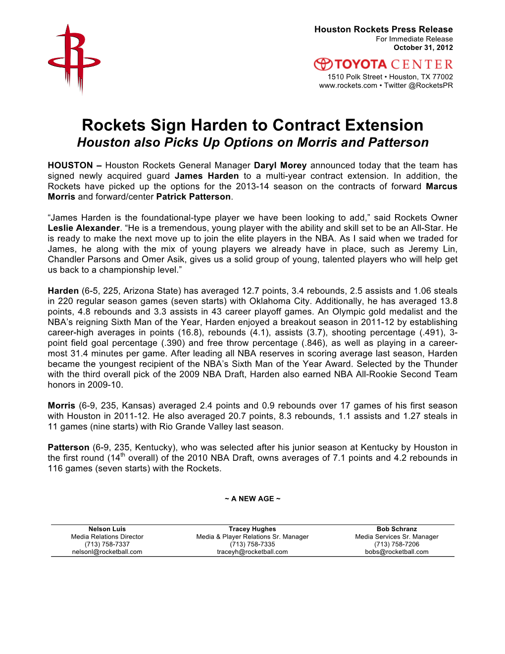 Rockets Sign Harden to Contract Extension Houston Also Picks up Options on Morris and Patterson