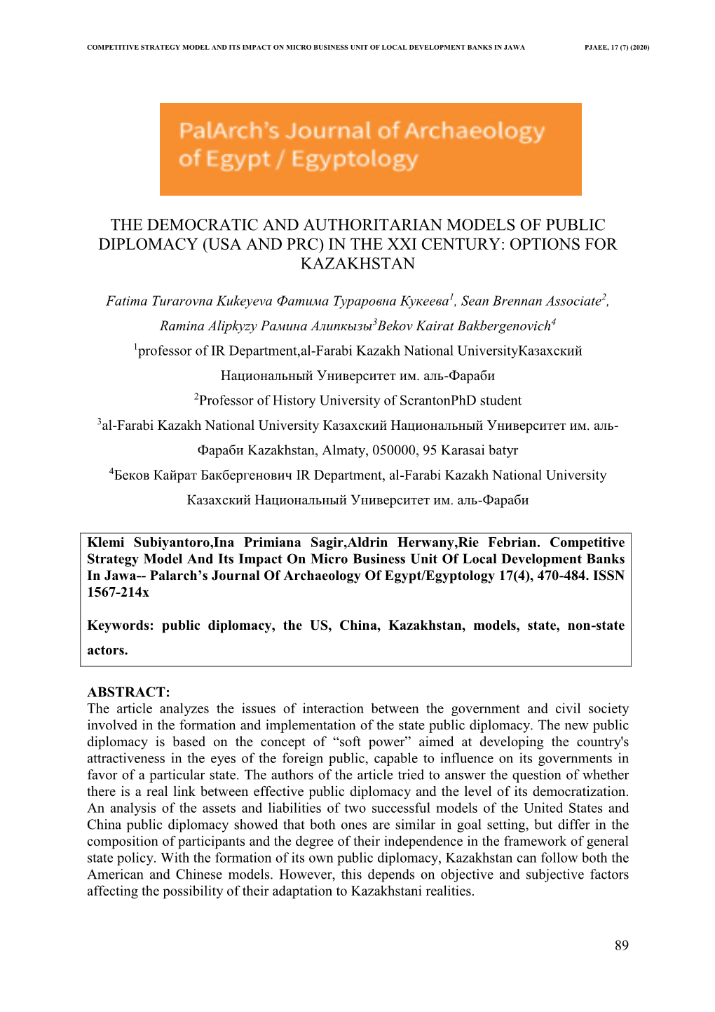 The Democratic and Authoritarian Models of Public Diplomacy (Usa and Prc) in the Xxi Century: Options for Kazakhstan