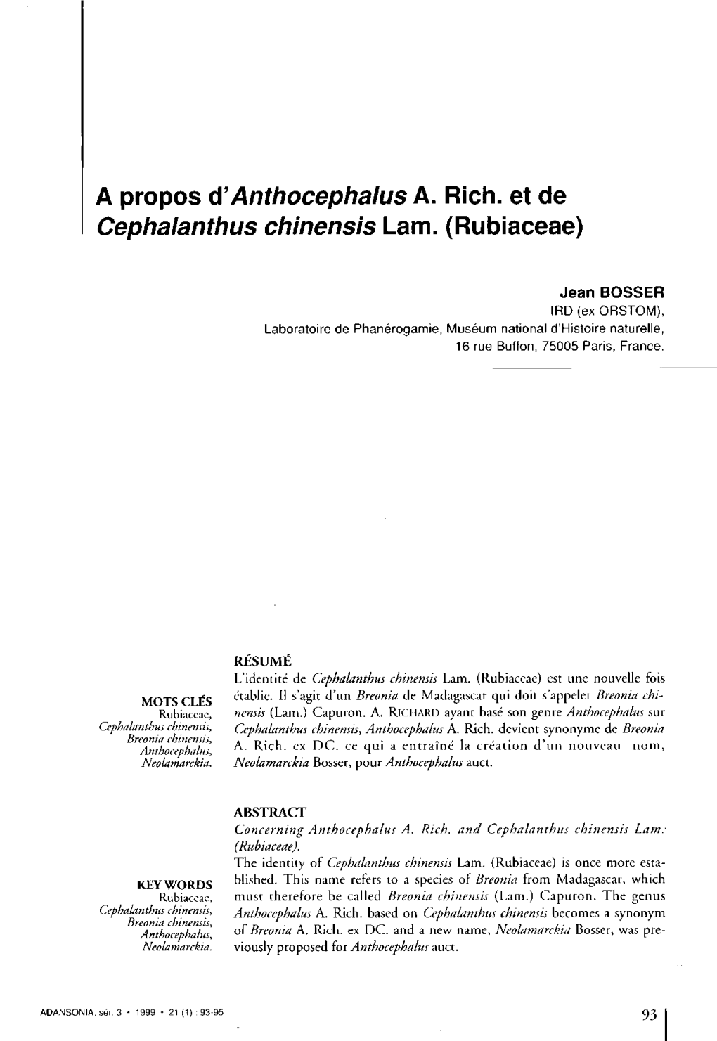 A Propos D'anthocephalus A. Rich, Et De Cephalanthus Chinensis Lam