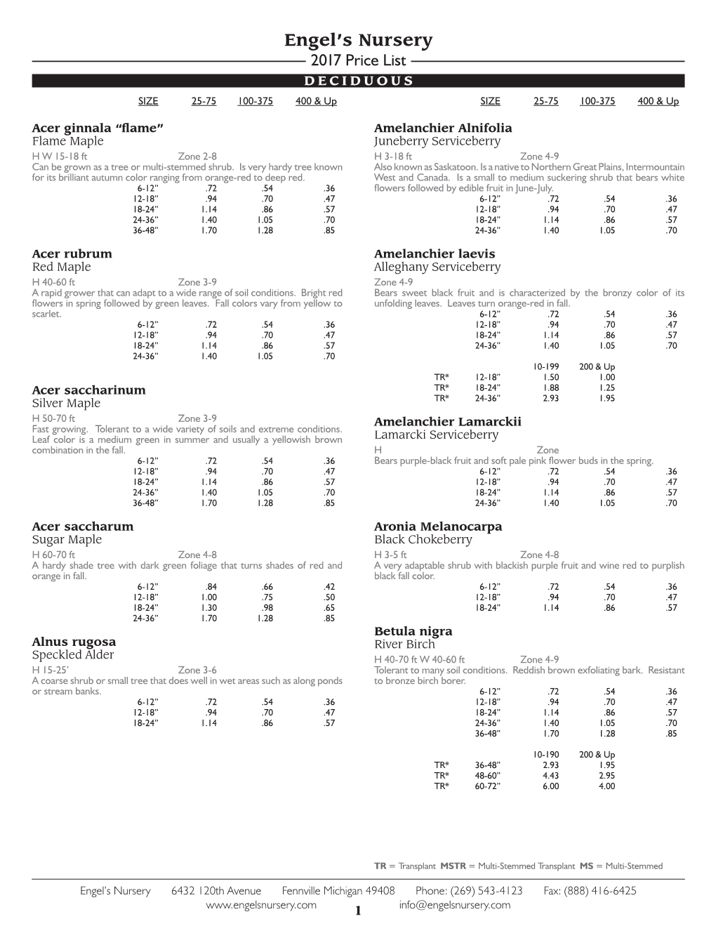 Price List.Indd 1 7/13/16 7:55 AM Engel’S Nursery 2017 Price List