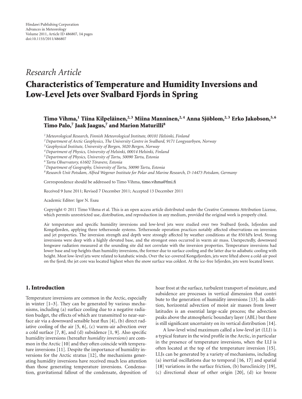 Research Article Characteristics of Temperature and Humidity Inversions and Low-Level Jets Over Svalbard Fjords in Spring