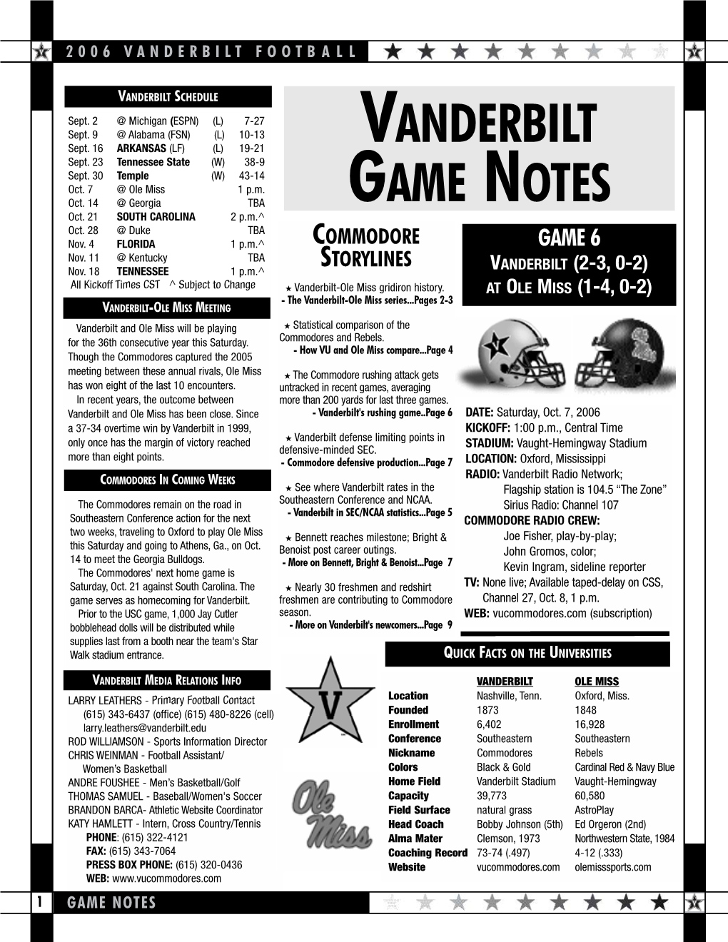 Vanderbilt Game Notes