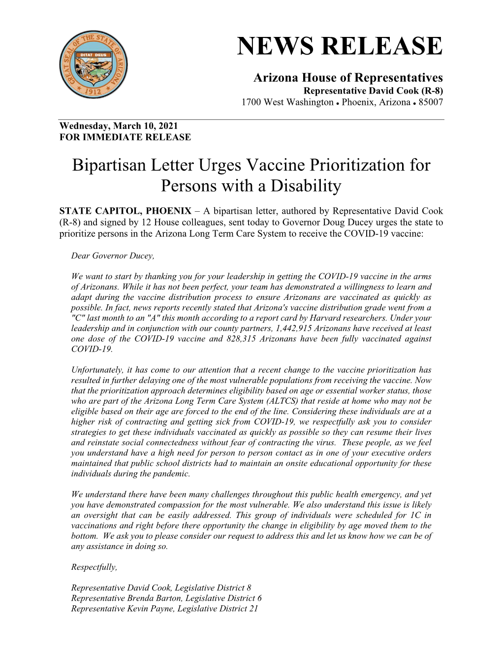 Bipartisan Letter Urges Vaccine Prioritization for Persons with a Disability