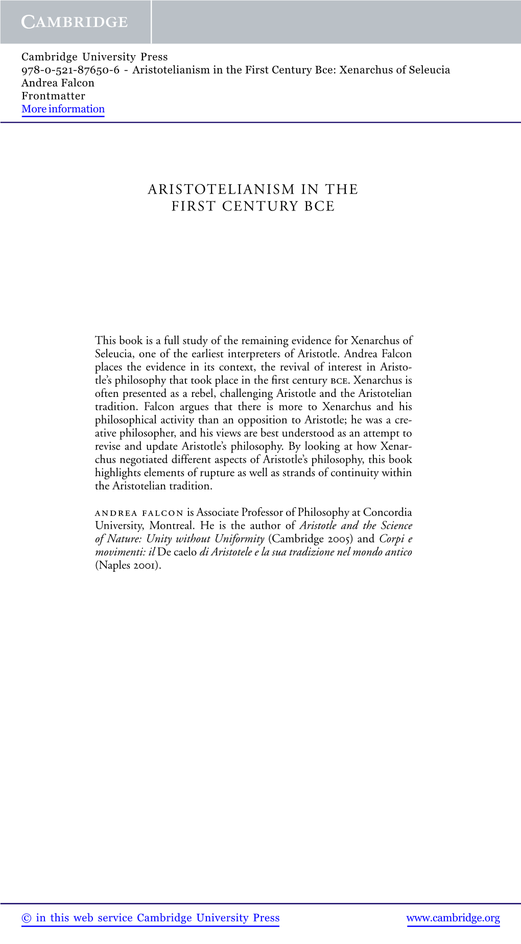 Aristotelianism in the First Century Bce: Xenarchus of Seleucia Andrea Falcon Frontmatter More Information