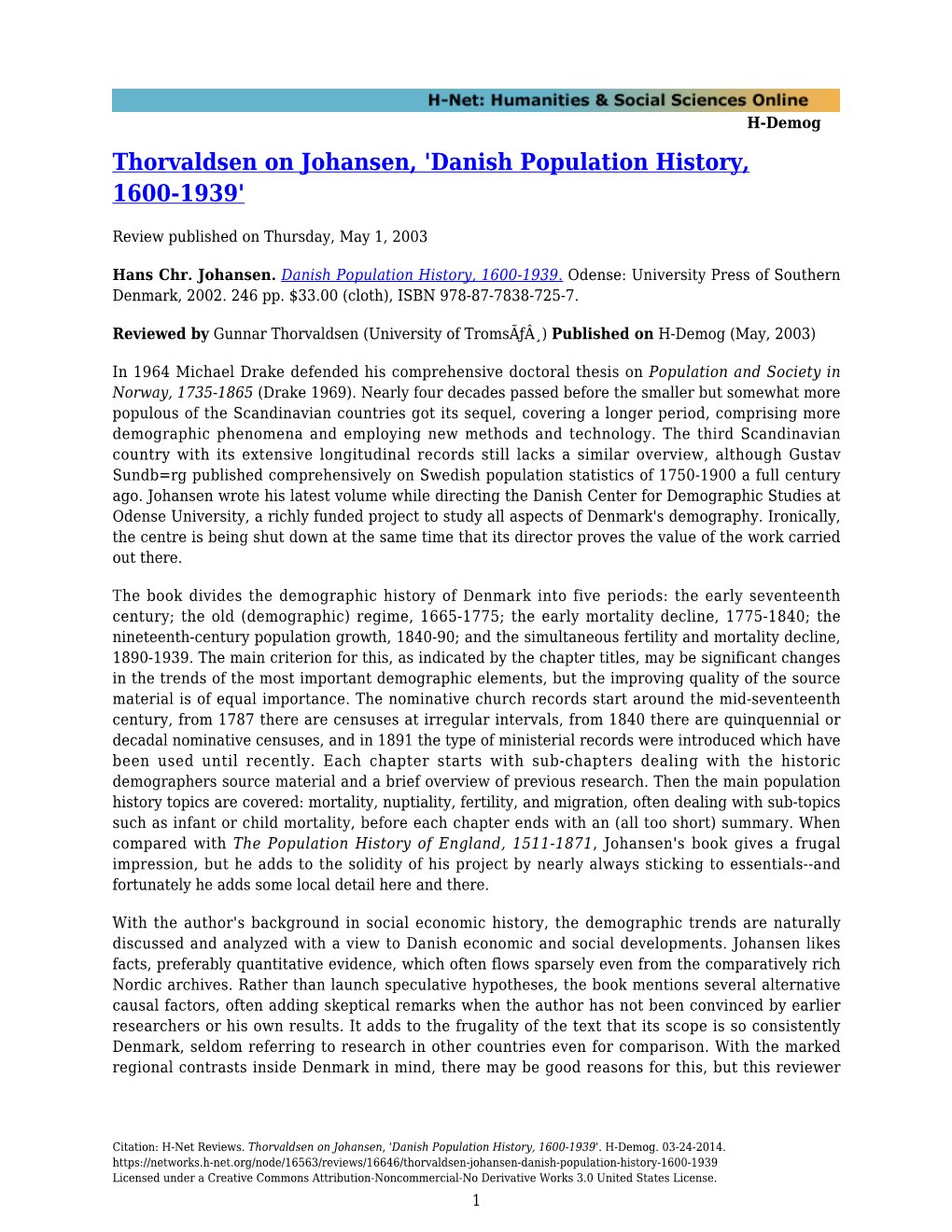 Thorvaldsen on Johansen, 'Danish Population History, 1600-1939'