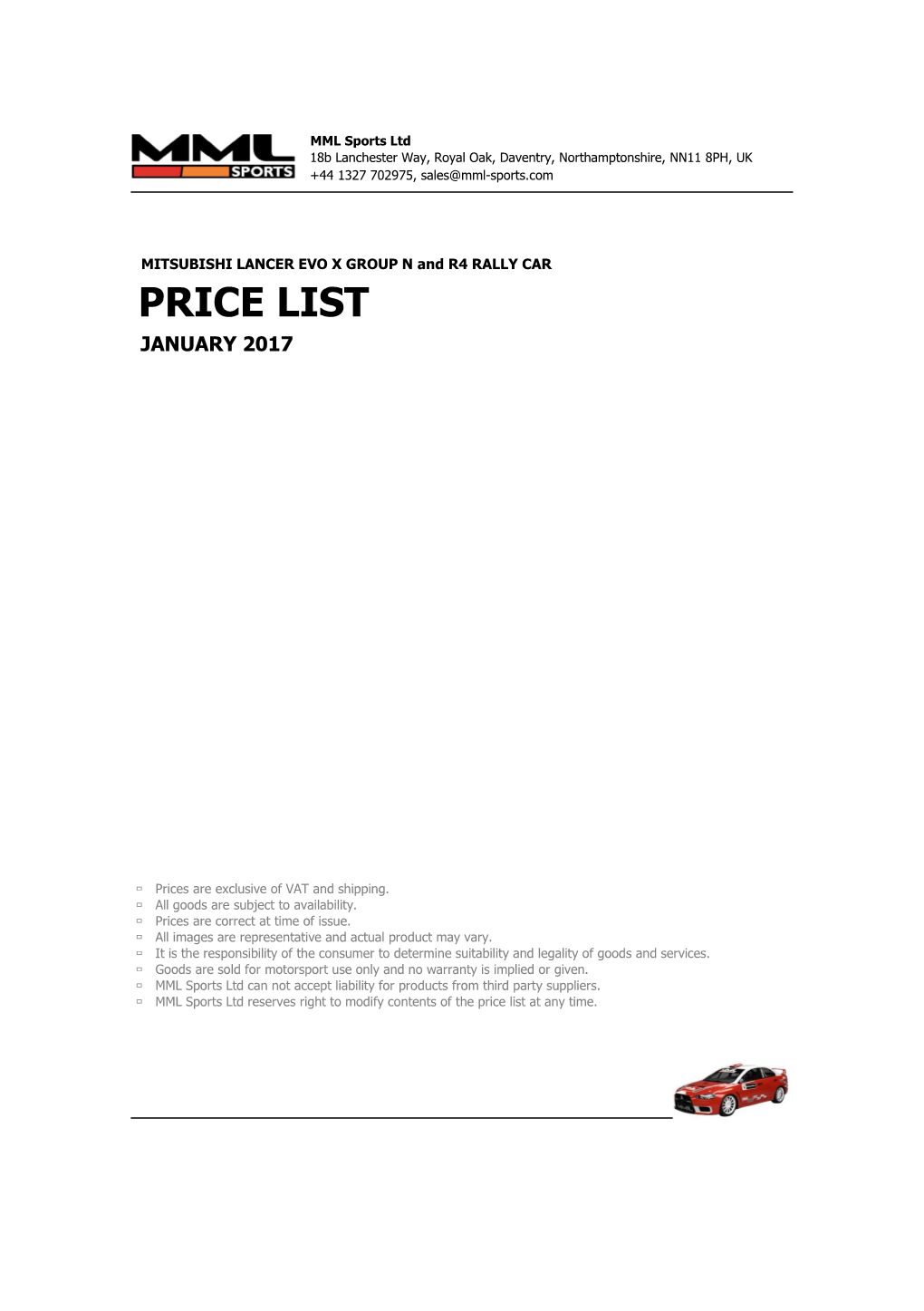 Price List January 2017