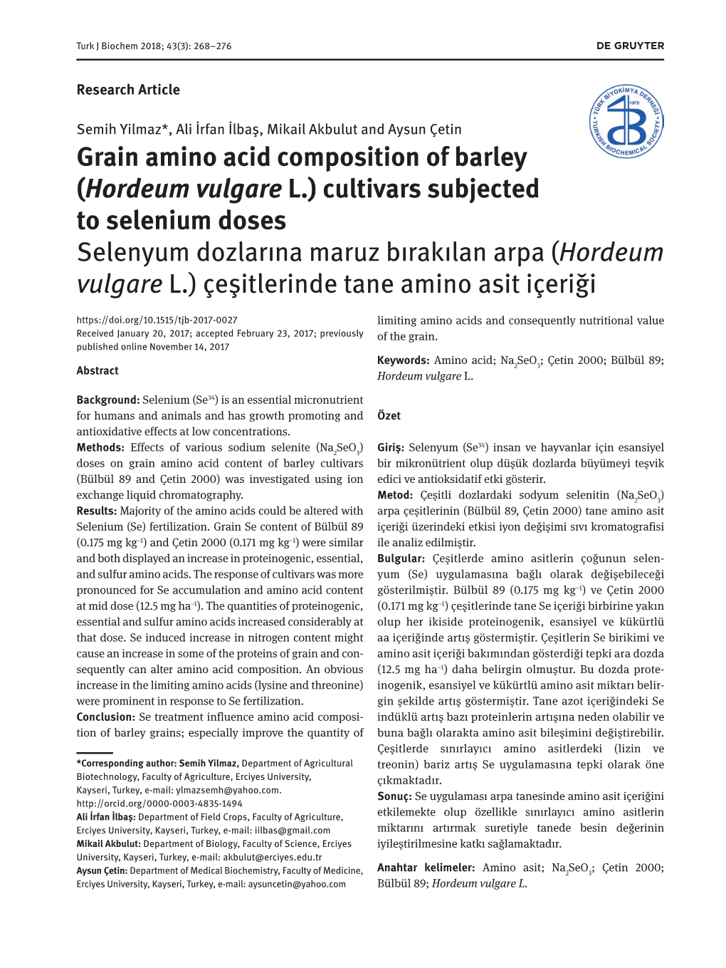 Grain Amino Acid Composition of Barley (Hordeum Vulgare