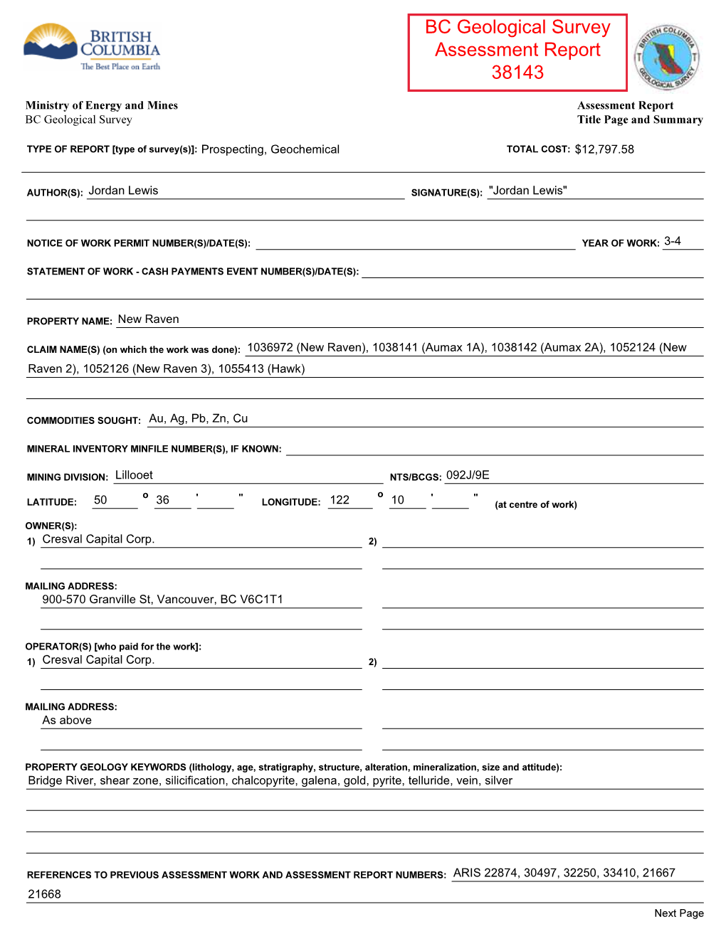 BC Geological Survey Assessment Report 38143