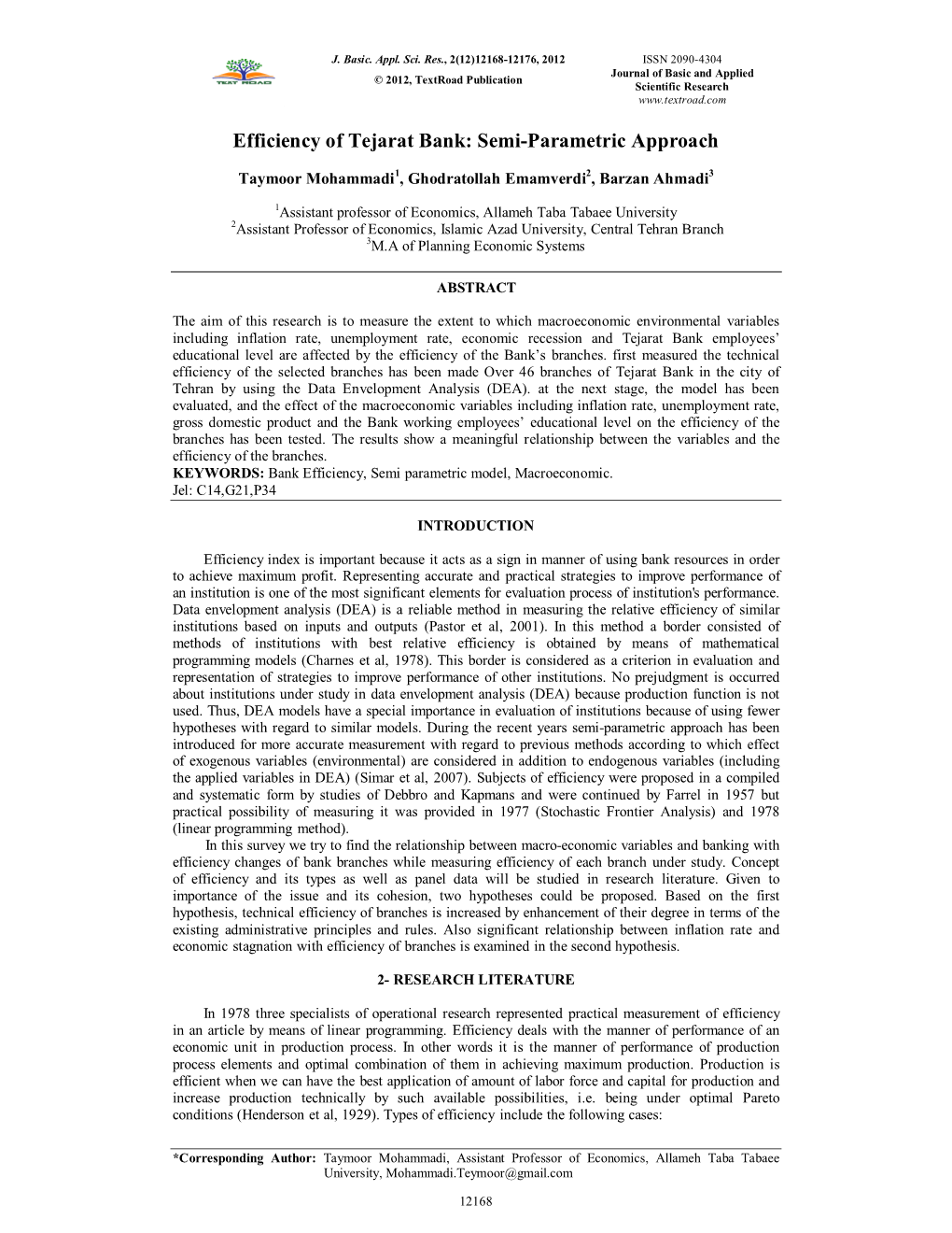 Efficiency of Tejarat Bank: Semi-Parametric Approach