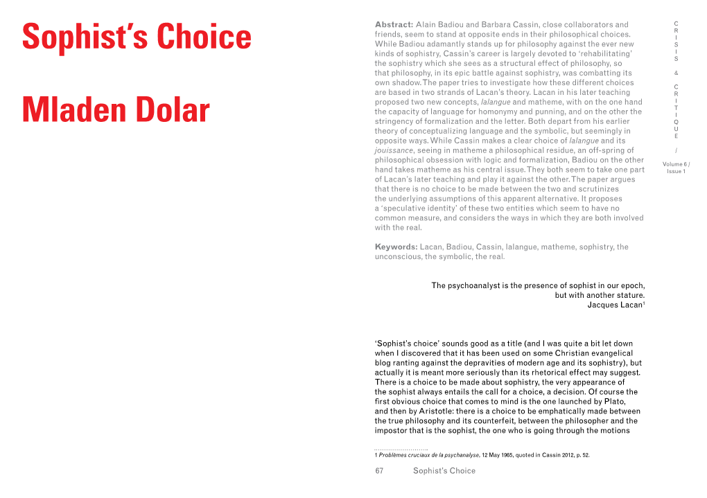 Sophist's Choice Mladen Dolar