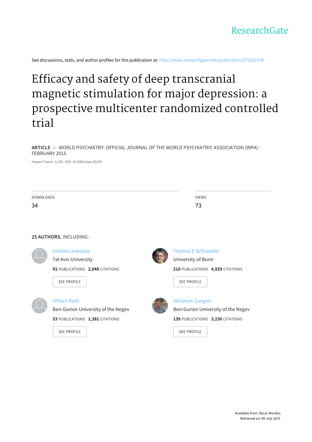 Efficacy and Safety of Deep Transcranial Magnetic Stimulation for Major Depression: a Prospective Multicenter Randomized Controlled Trial