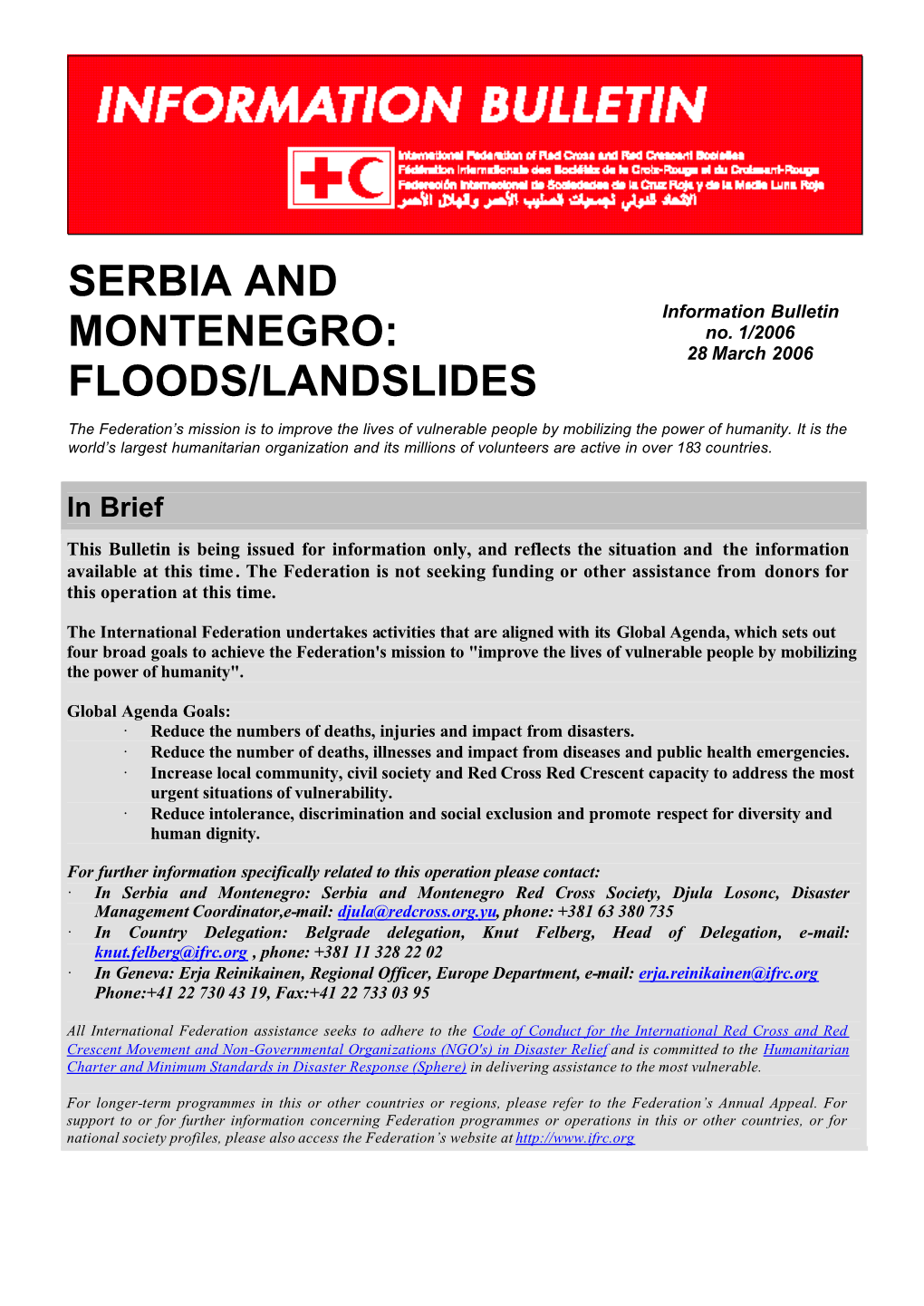 Serbia: Floods/Landslides Information Bulletin No.1