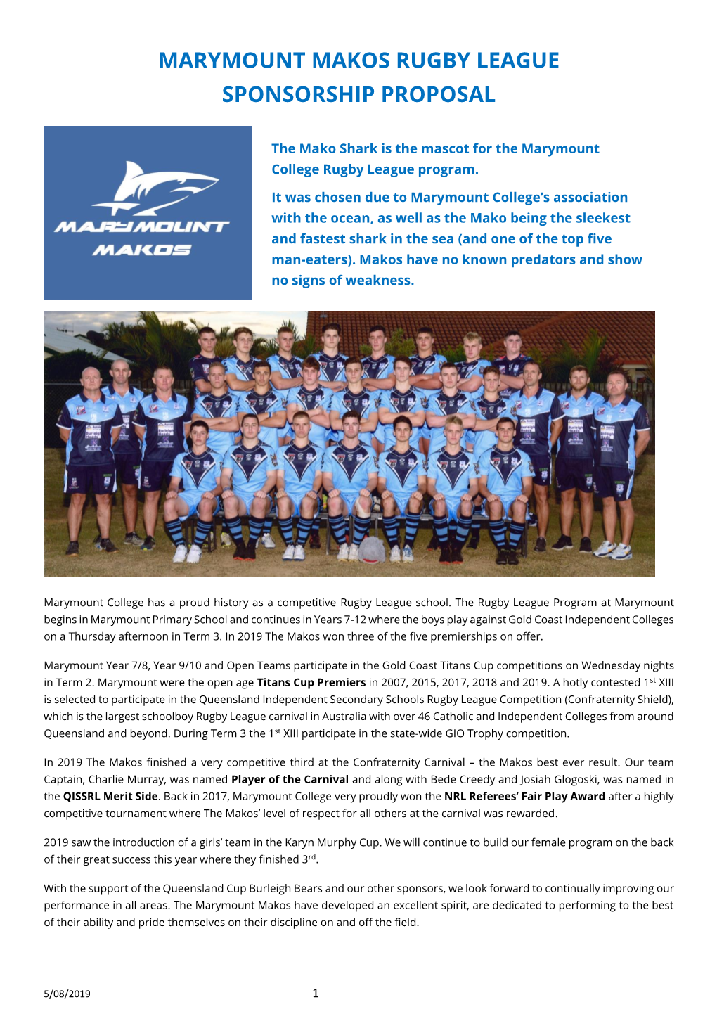 Marymount Makos Rugby League Sponsorship Proposal