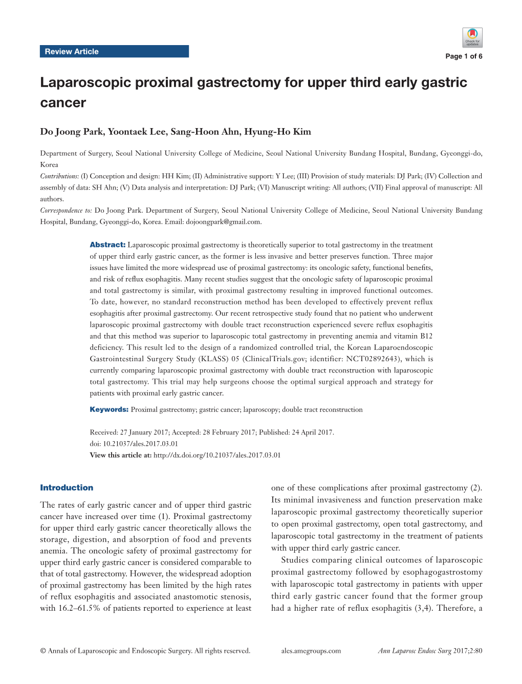 Laparoscopic Proximal Gastrectomy for Upper Third Early Gastric Cancer