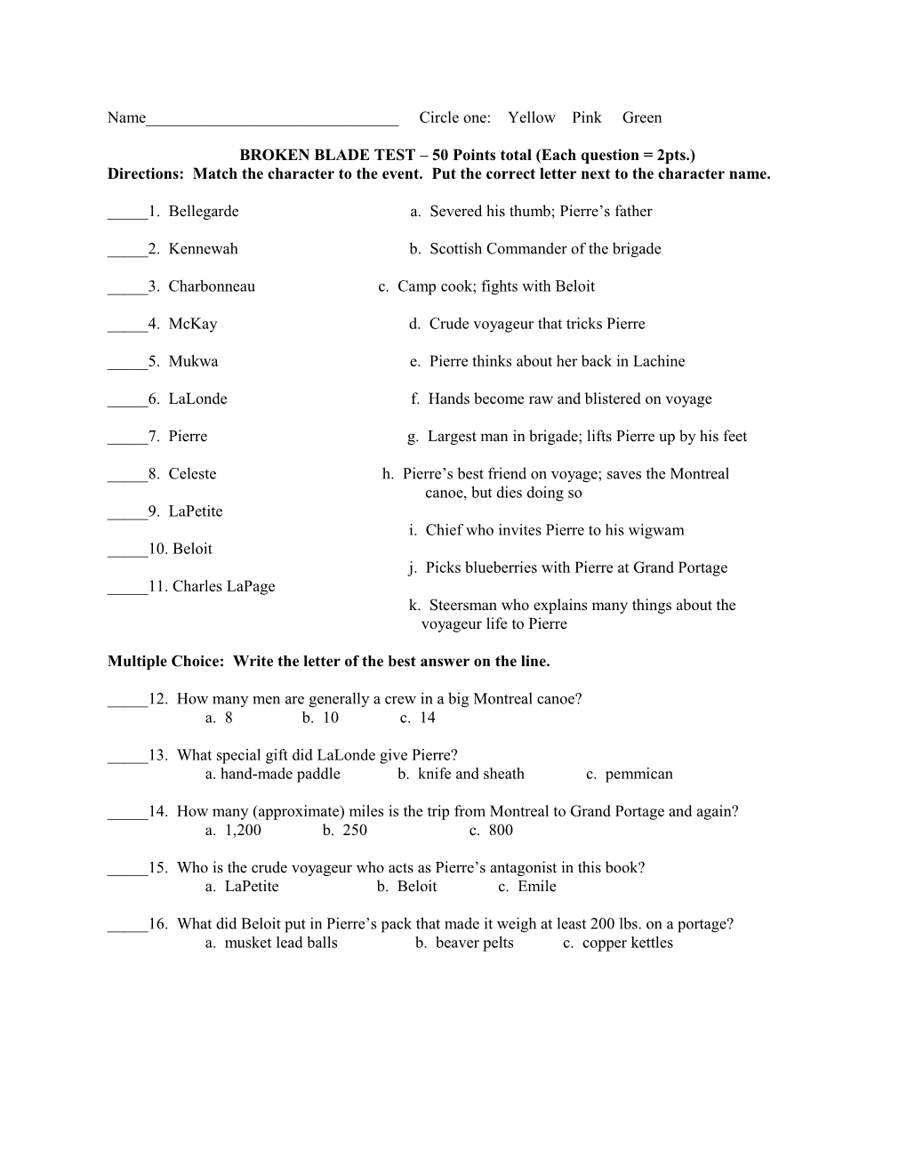 BROKEN BLADE TEST 50 Points Total (Each Question = 2Pts.)