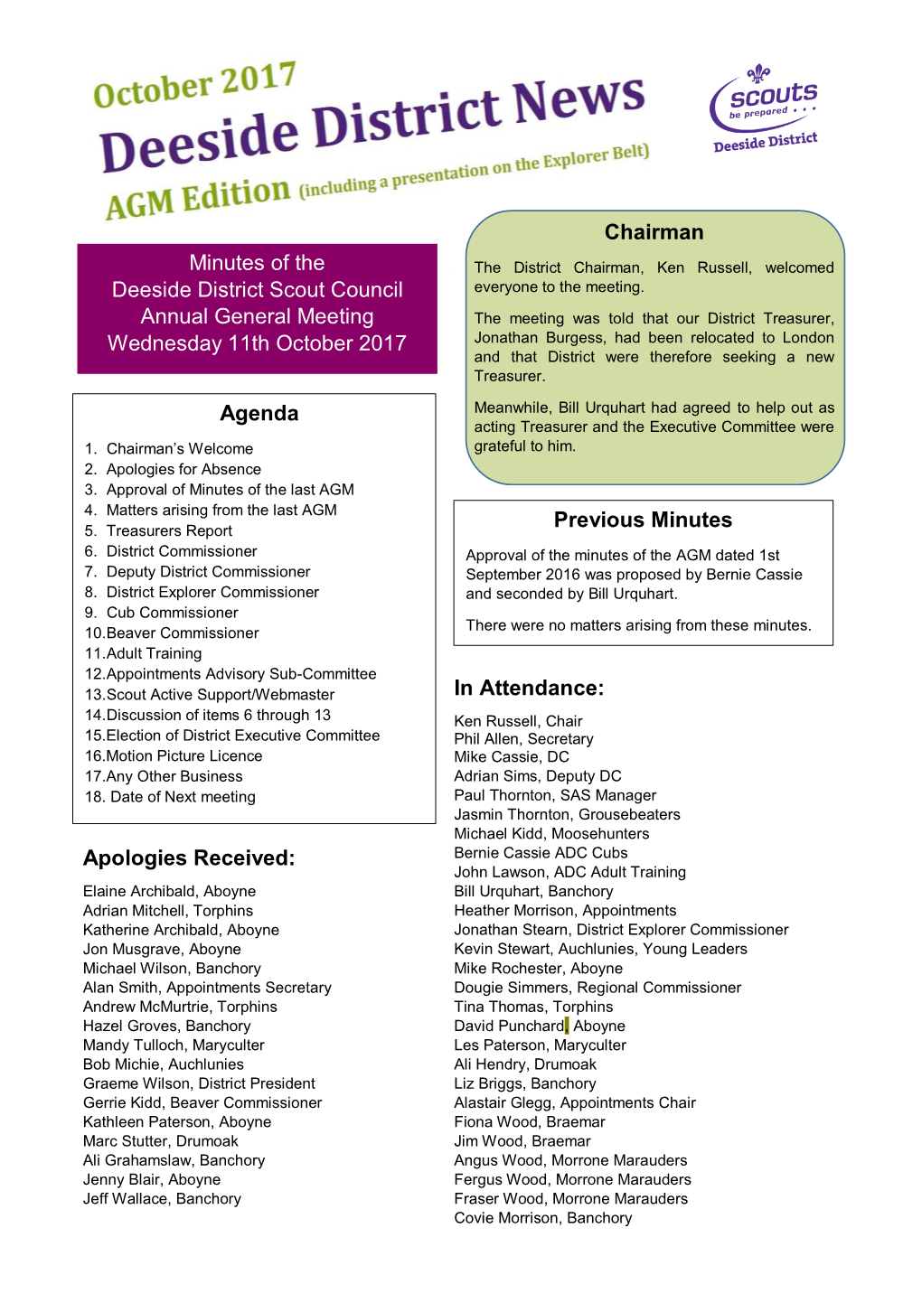 Minutes of the Minutes of the Deeside District Scout Council Annual General Meeting Wednesday 11Th October 2017 Chairman Agenda