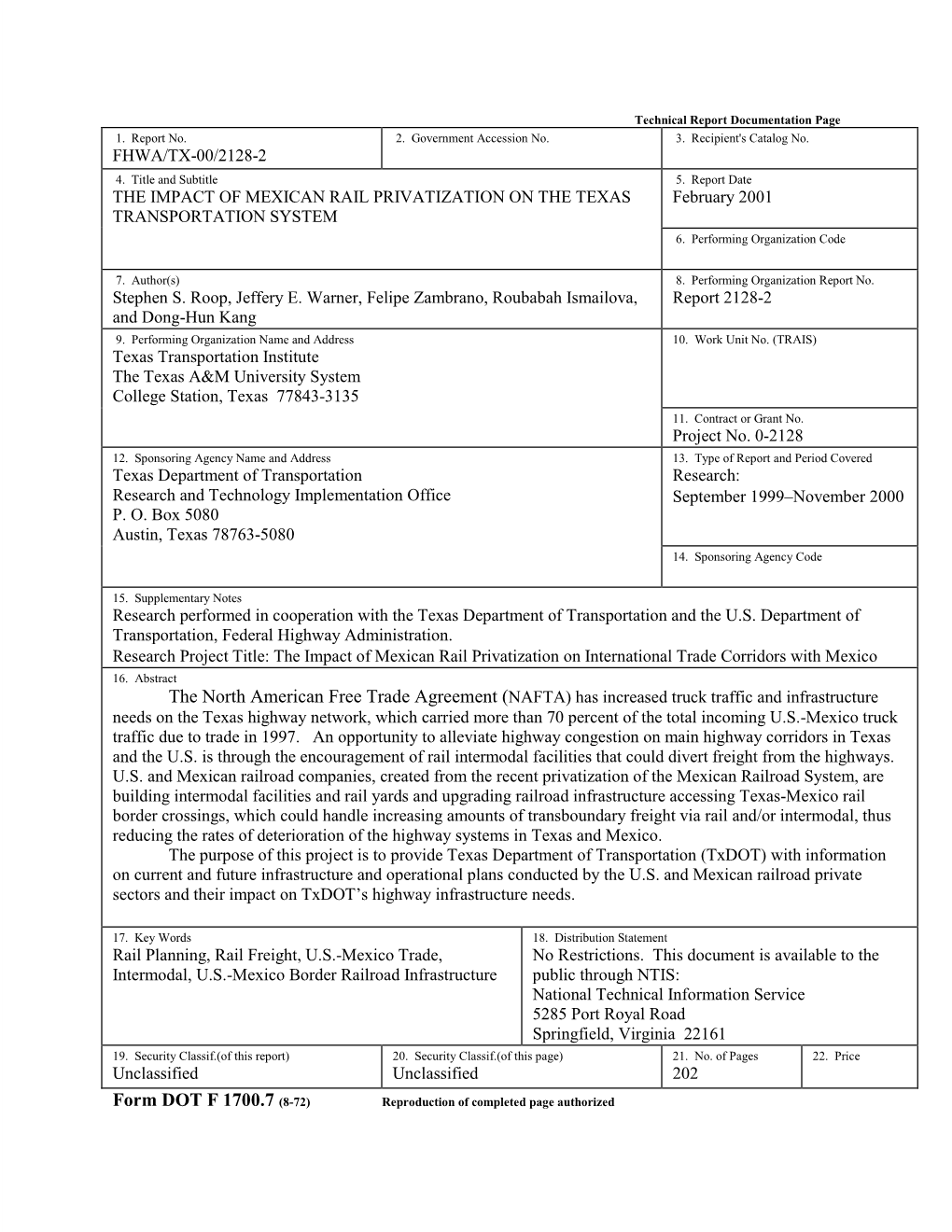 THE IMPACT of MEXICAN RAIL PRIVATIZATION on the TEXAS February 2001 TRANSPORTATION SYSTEM 6