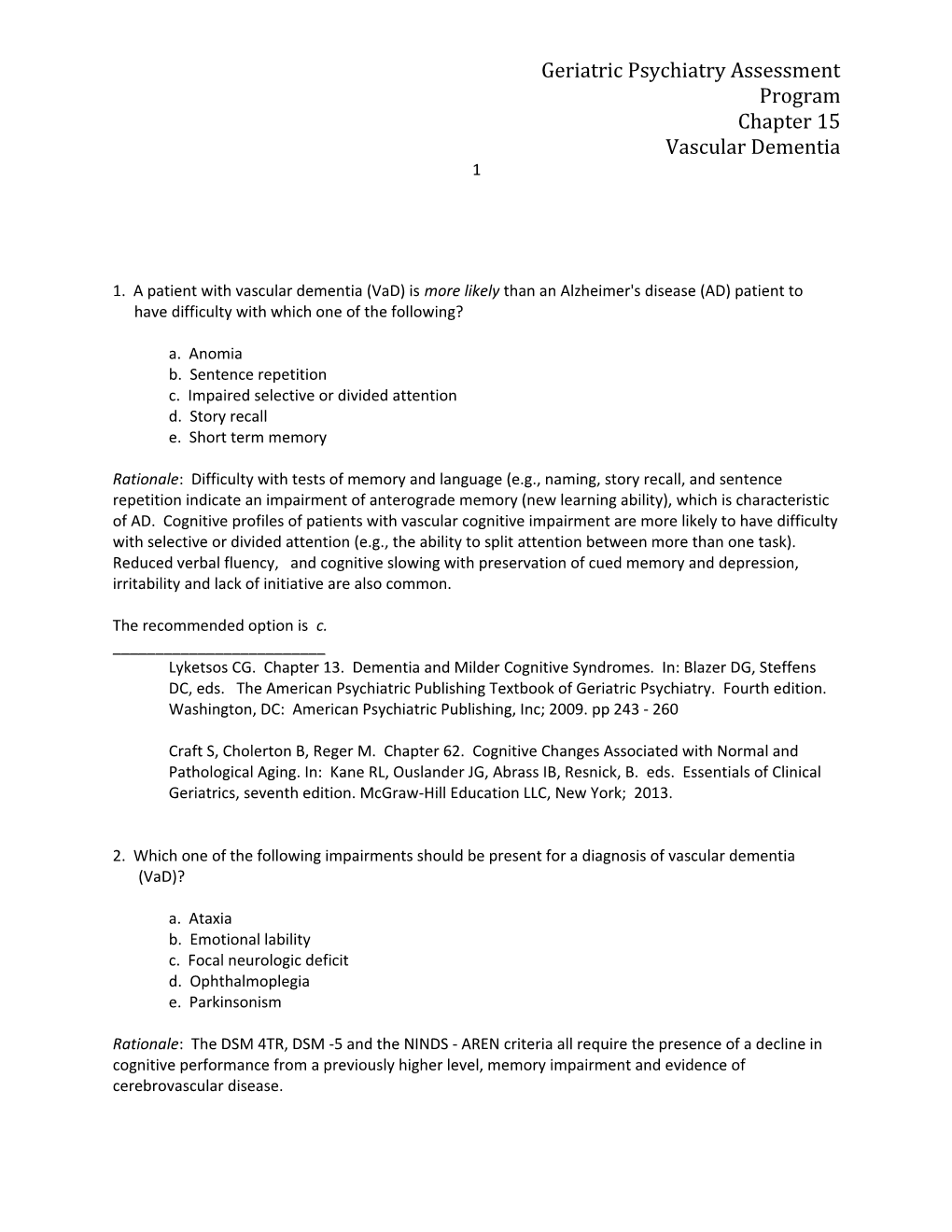 Geriatric Psychiatry Self Assessment Program Chapter 15 Vascular Dementia