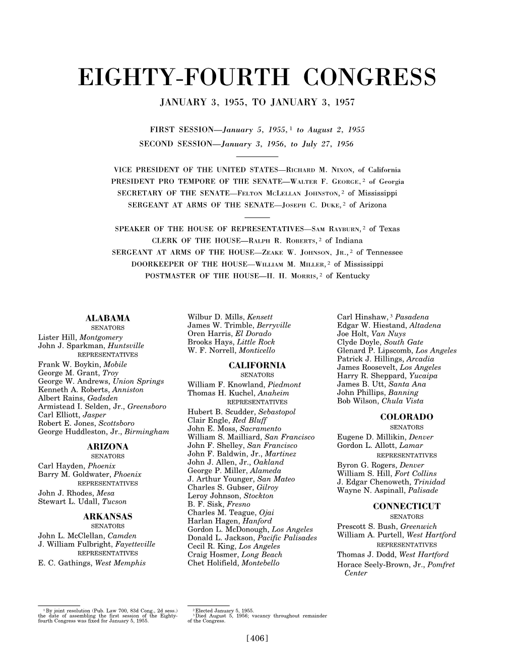 Eighty-Fourth Congress January 3, 1955, to January 3, 1957