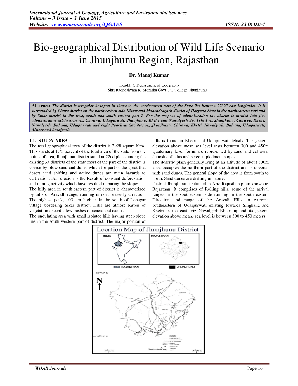 Bio-Geographical Distribution of Wild Life Scenario in Jhunjhunu Region, Rajasthan