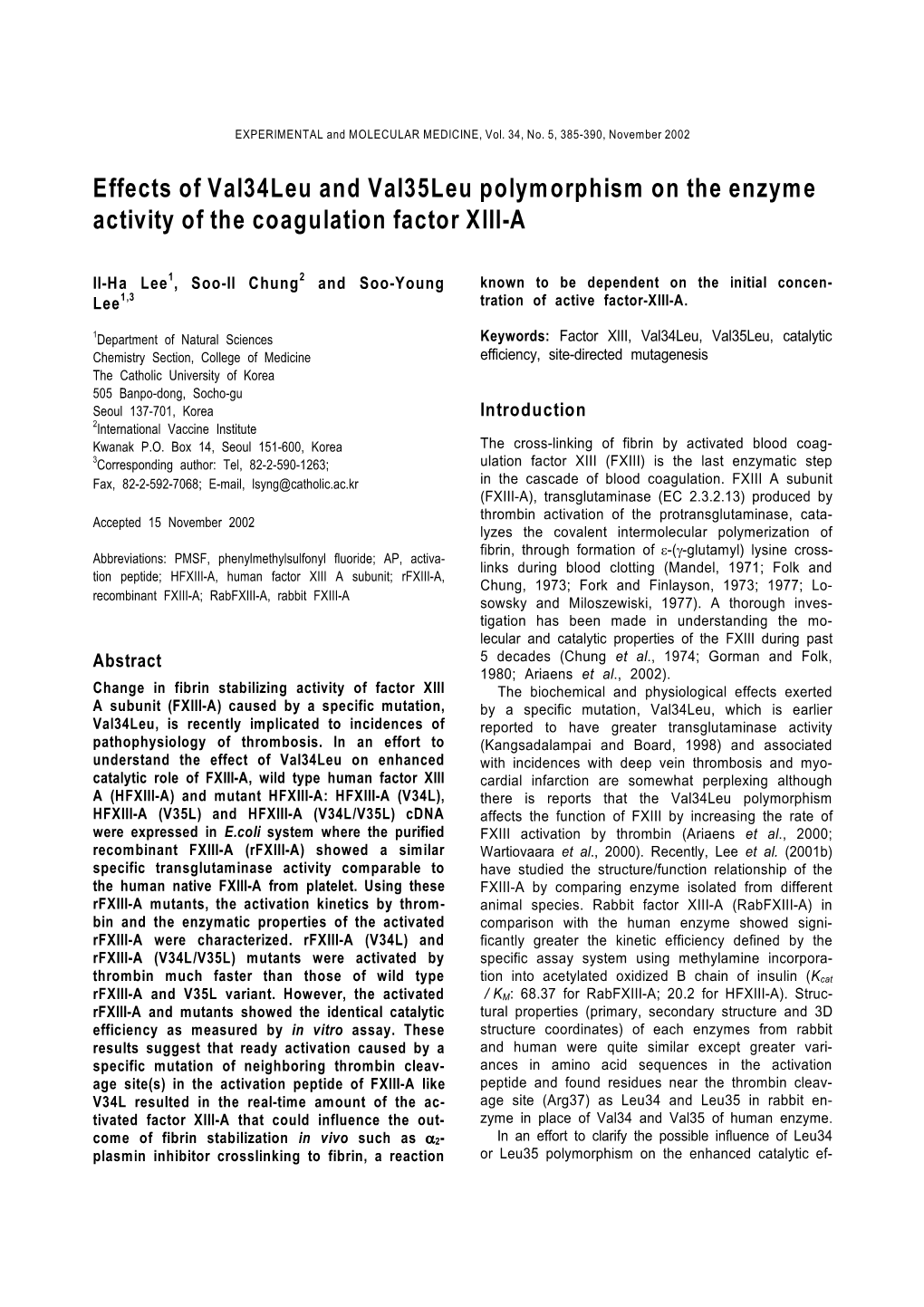 Effects of Val34leu and Val35leu Polymorphism on the Enzyme Activity of the Coagulation Factor XIII-A