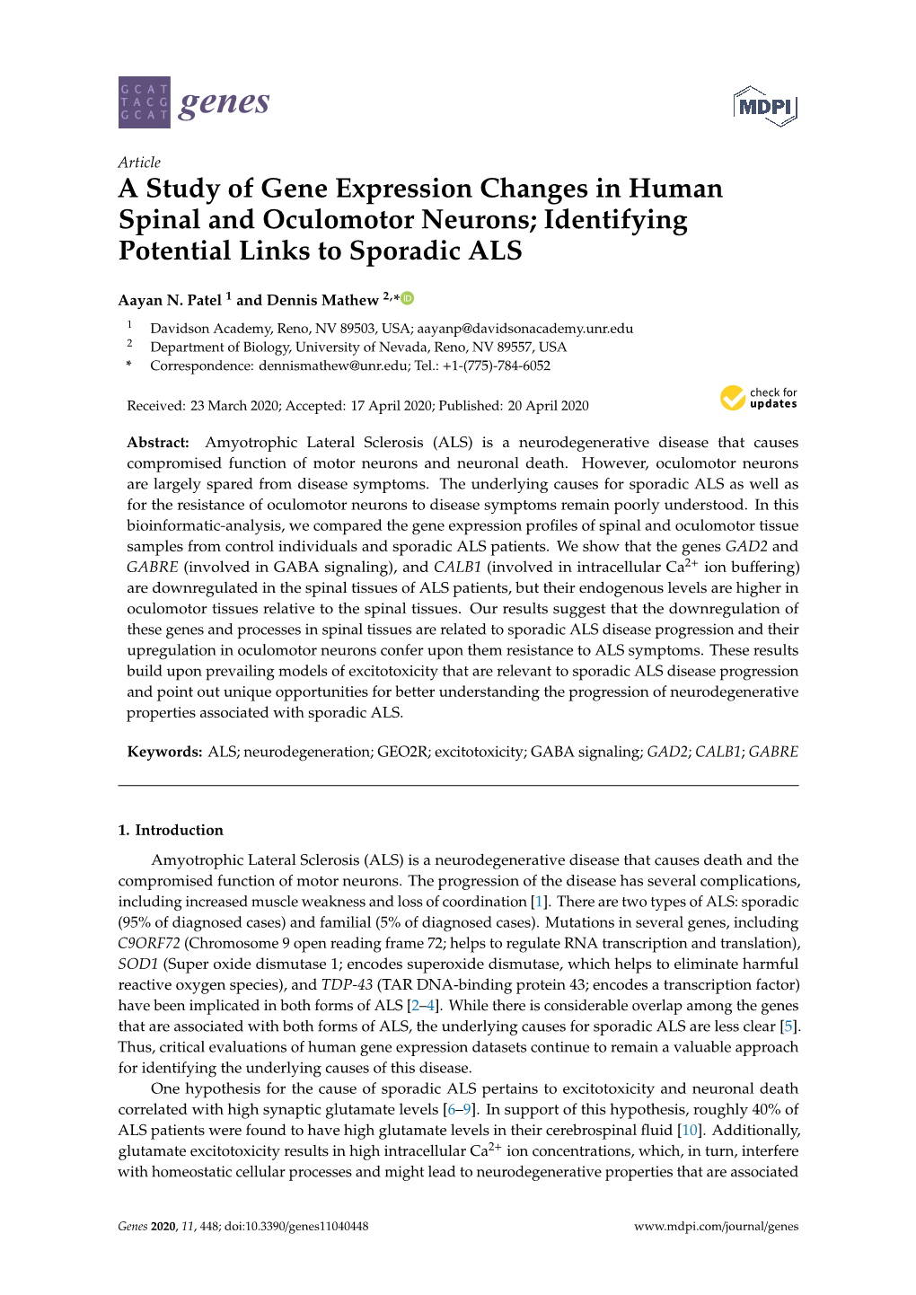 A Study of Gene Expression Changes in Human Spinal and Oculomotor Neurons; Identifying Potential Links to Sporadic ALS