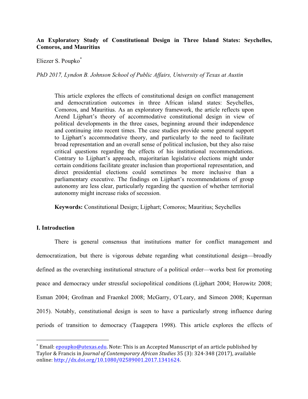 An Exploratory Study of Constitutional Design in Three Island States: Seychelles, Comoros, and Mauritius