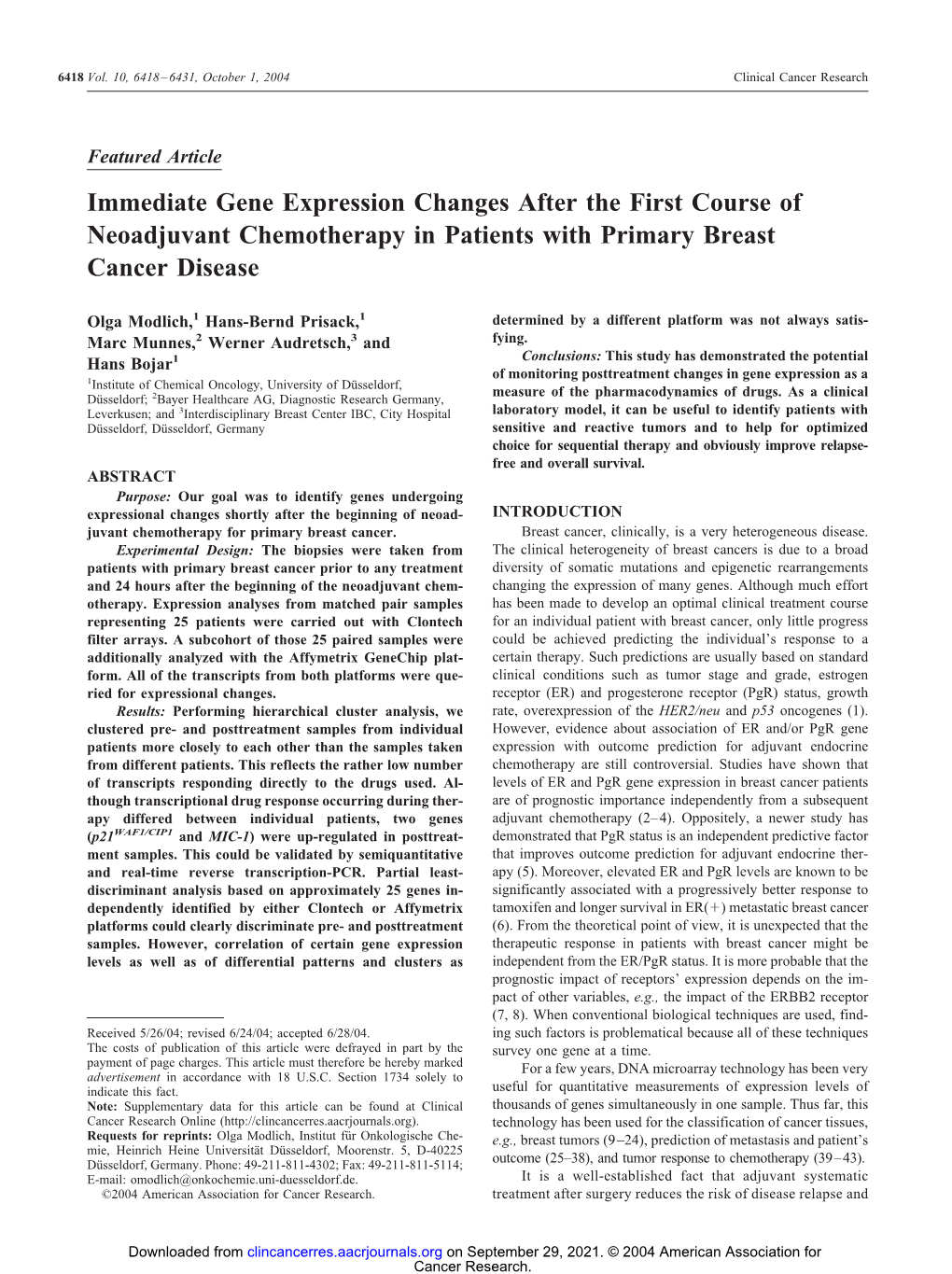 Immediate Gene Expression Changes After the First Course of Neoadjuvant Chemotherapy in Patients with Primary Breast Cancer Disease