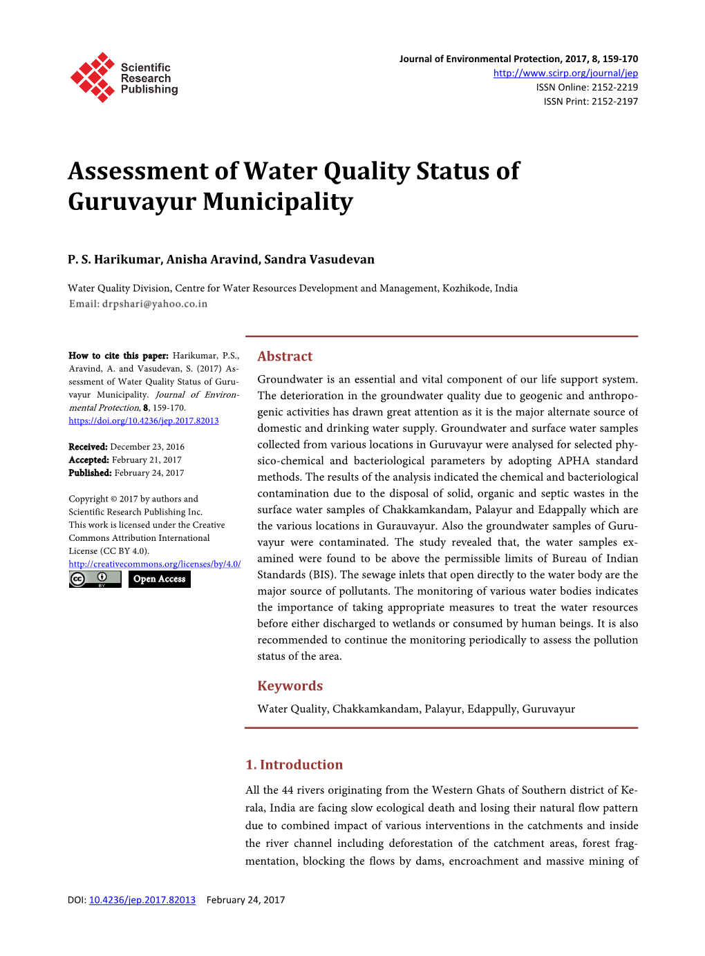 Assessment of Water Quality Status of Guruvayur Municipality