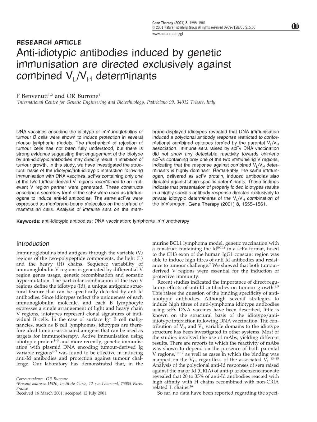 Anti-Idiotypic Antibodies Induced by Genetic Immunisation Are Directed Exclusively Against Combined VL/VH Determinants