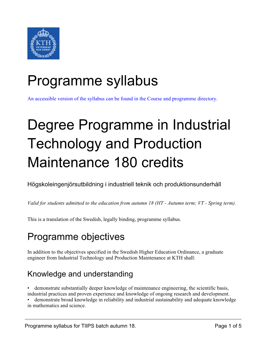 Programme Syllabus Degree Programme in Industrial