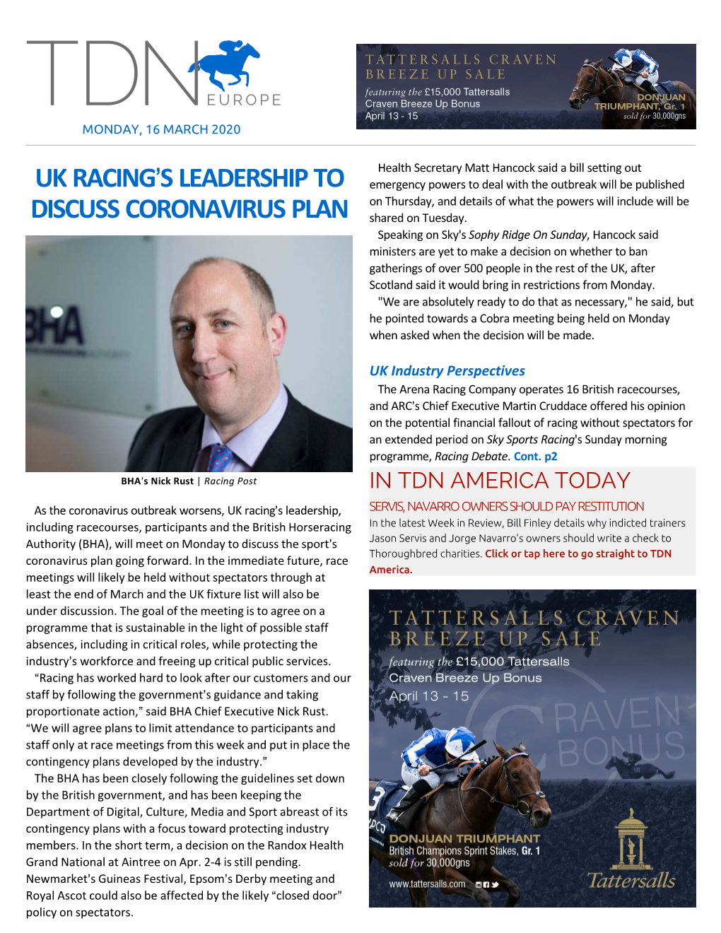 Uk Racing=S Leadership to Discuss Coronavirus Plan