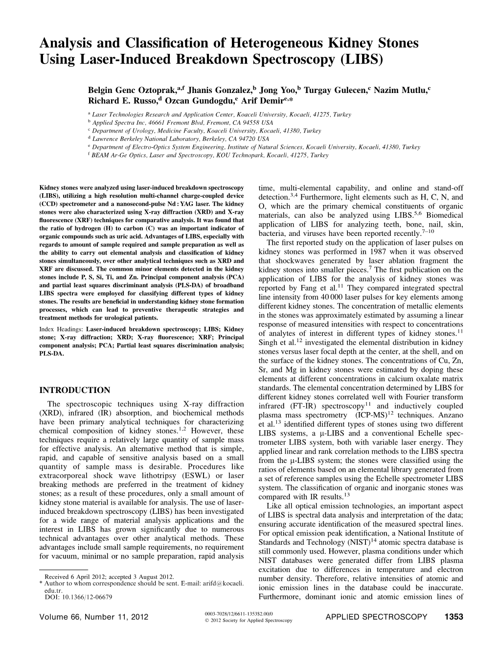 Analysis and Classification of Heterogeneous Kidney Stones Using Laser-Induced Breakdown Spectroscopy (LIBS)