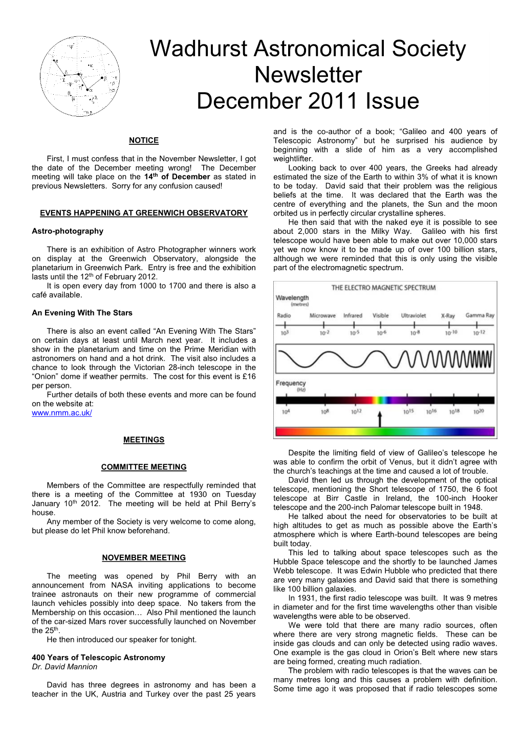 Wadhurst Astronomical Society Newsletter December 2011 Issue